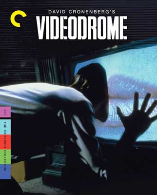 A man inserts his head into a television screen on the cover of the movie Videodrome